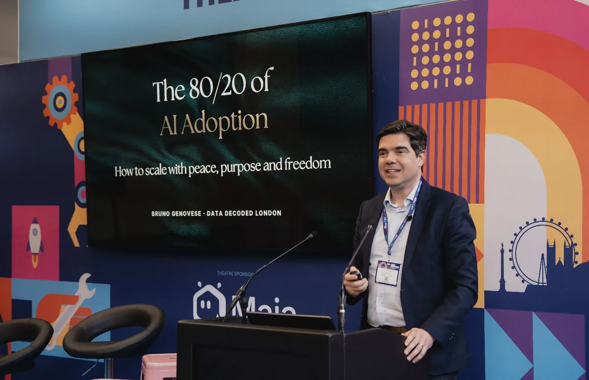 Bruno Genovese speaking at Data Decoded London on the 80/20 of AI Adoption
